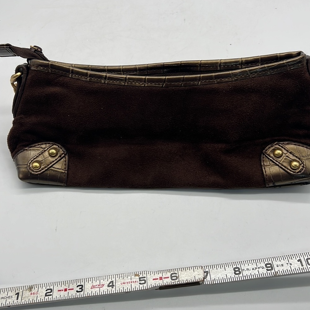 Pretty Brown faux Suede Handbag with Gold Brouch in the Center. - Picture 10 of 11